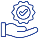 Hand holding a gear with a check mark inside, symbolizing quality assurance. The icon is in blue color.