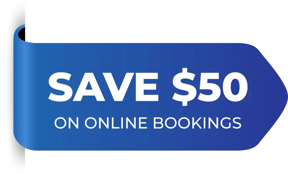 Blue banner with white text stating "SAVE $50 ON ONLINE BOOKINGS.