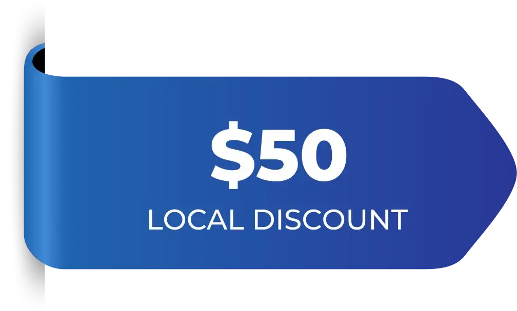 Blue banner displaying a "$50 Local Discount" offer in white text.