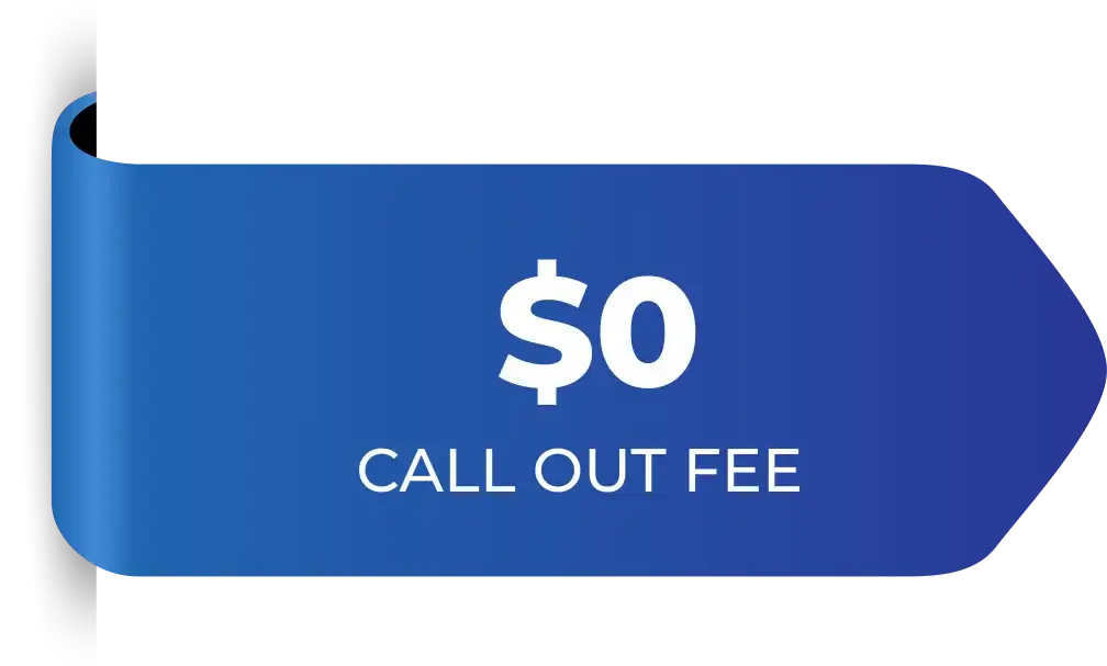 Blue arrow-shaped sign with white text displaying "$0 CALL OUT FEE.