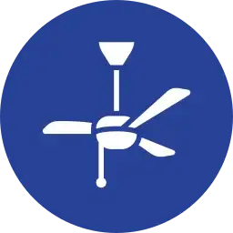 White ceiling fan icon on a blue circular background.