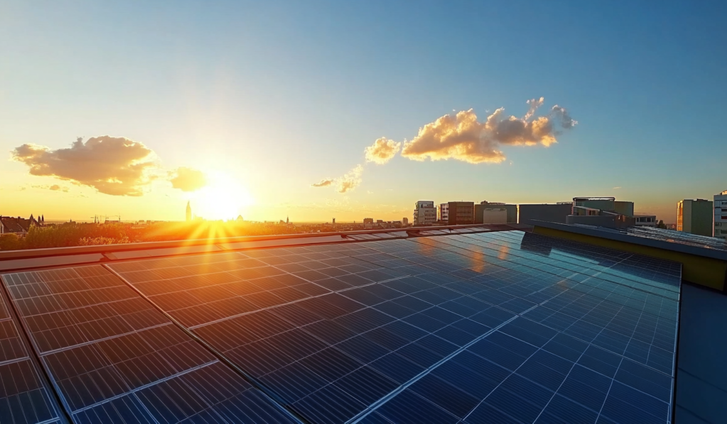A large building with solar panels on the roof