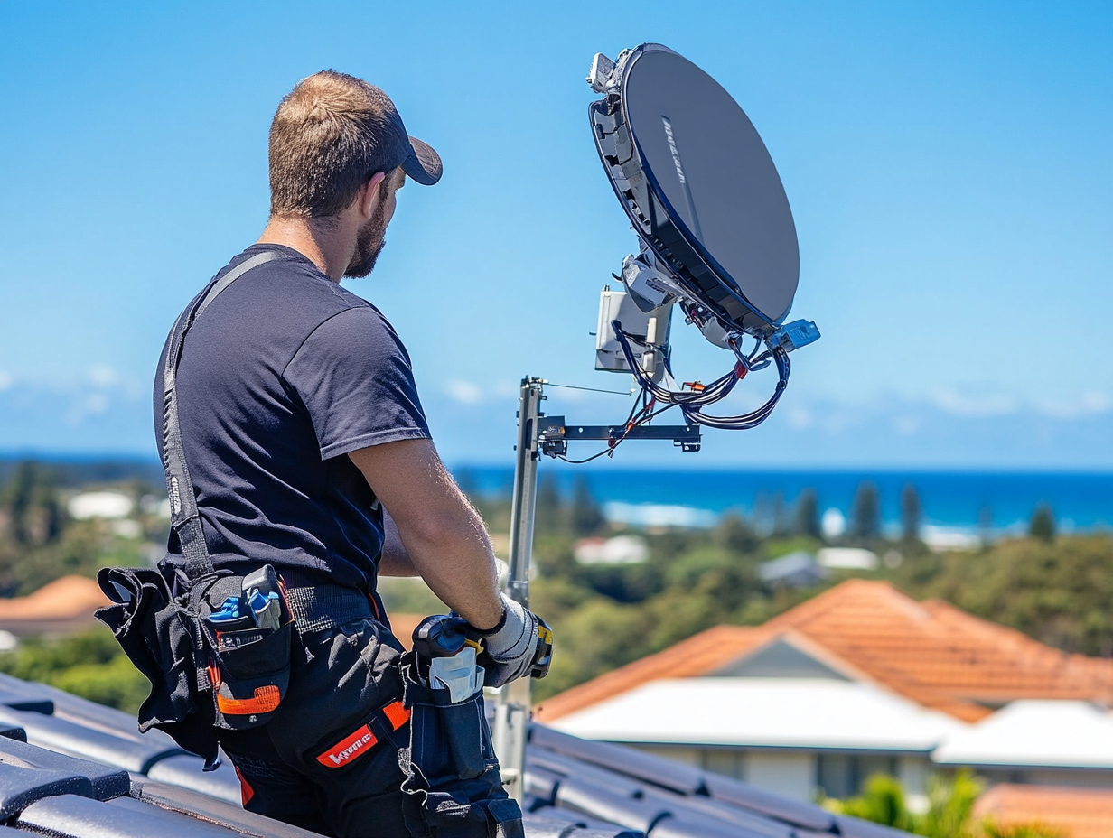 A realistic image of a professional technician installing Antenna on the roof in Tweed Heads area