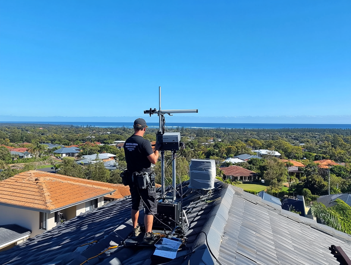 A realistic image of a professional technician installing Antenna on the roof in Tweed Heads area
