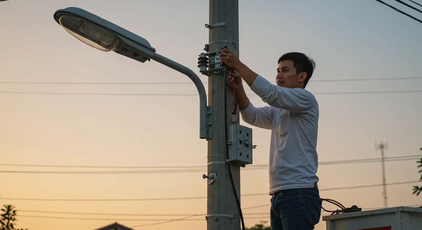 Technician testing electrical connections with a multimeter at a breaker panel