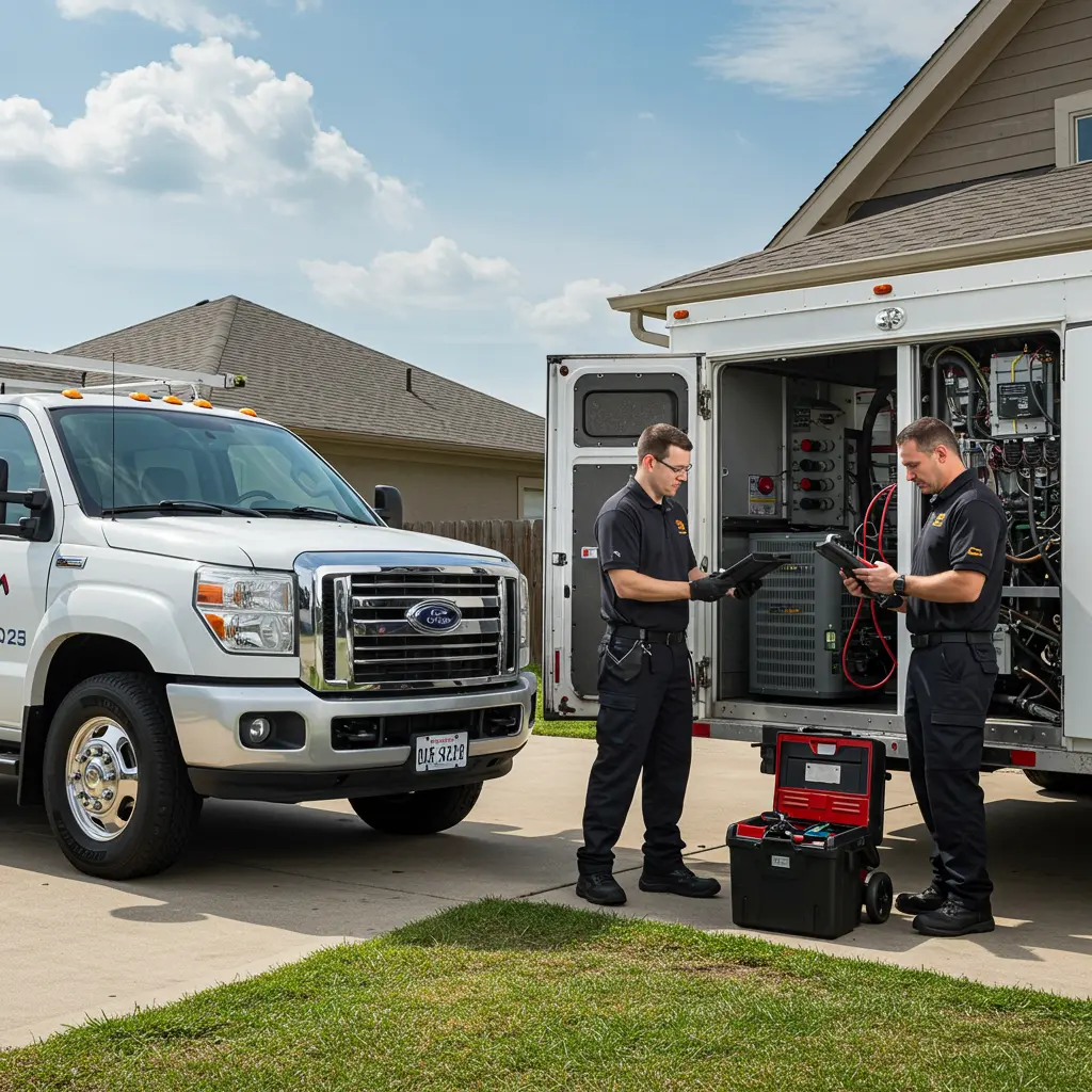 Two technicians standing outside a house, working with tools and tablets near a service truck and a mobile equipment trailer, preparing for or performing maintenance work.