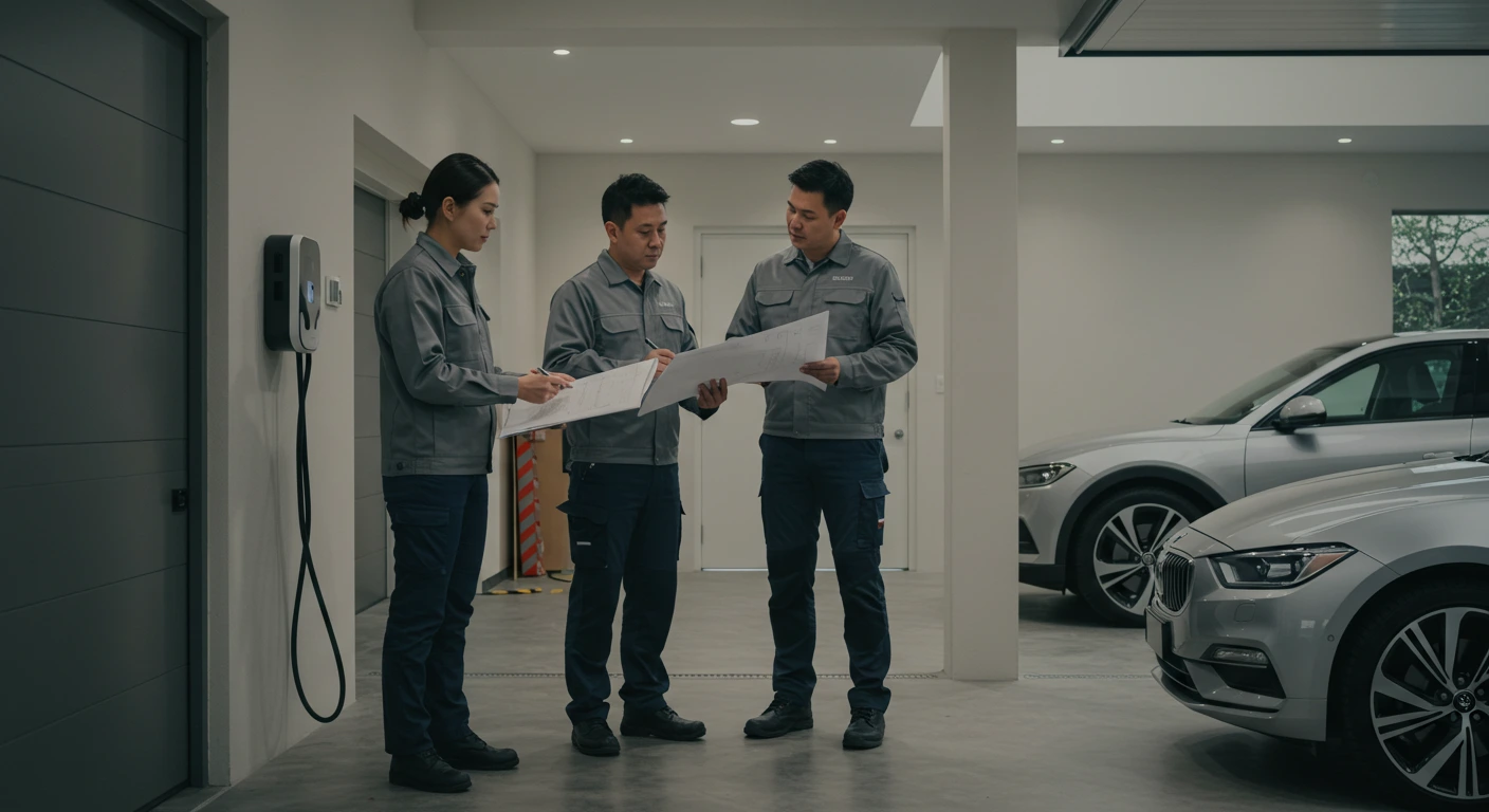 Professionals Reviewing EV Charger Plans in Modern Garage