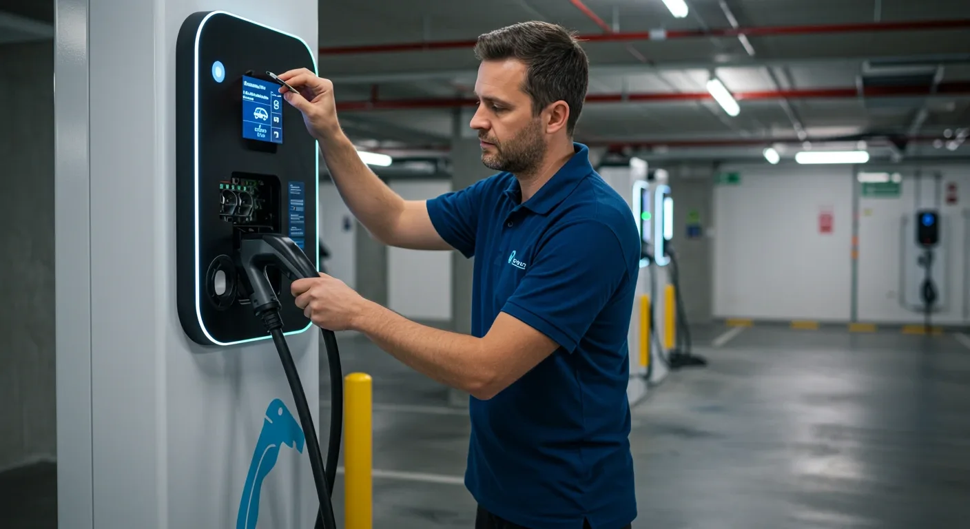 Man charging EV in modern garage with digital display