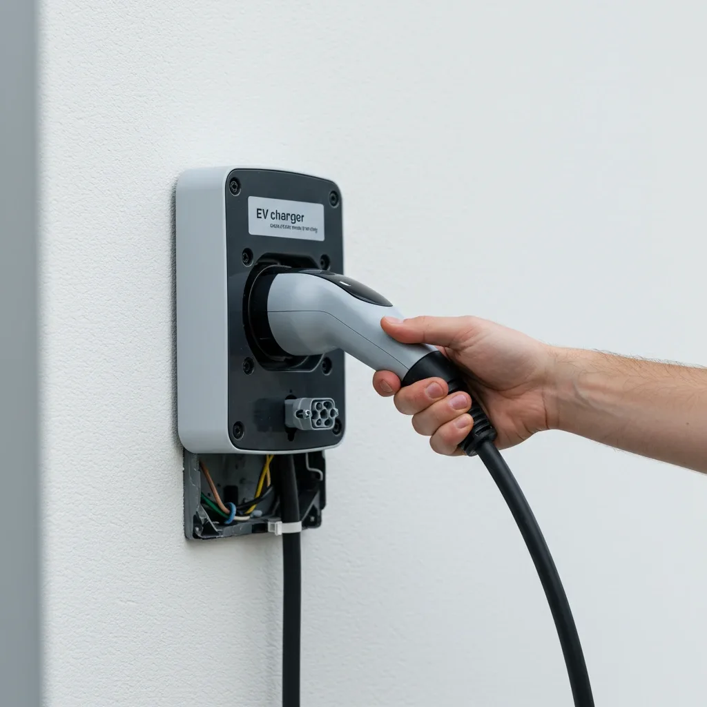 Plugging EV charger cable into wall unit for home installation