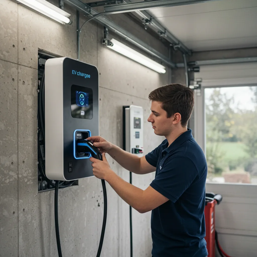 Man in blue shirt using wall-mounted EV charger in garage