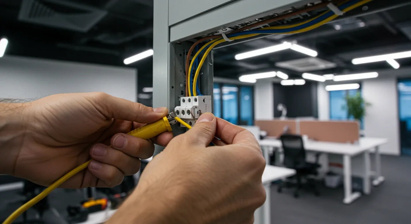 Close-up of hands connecting wires to breaker