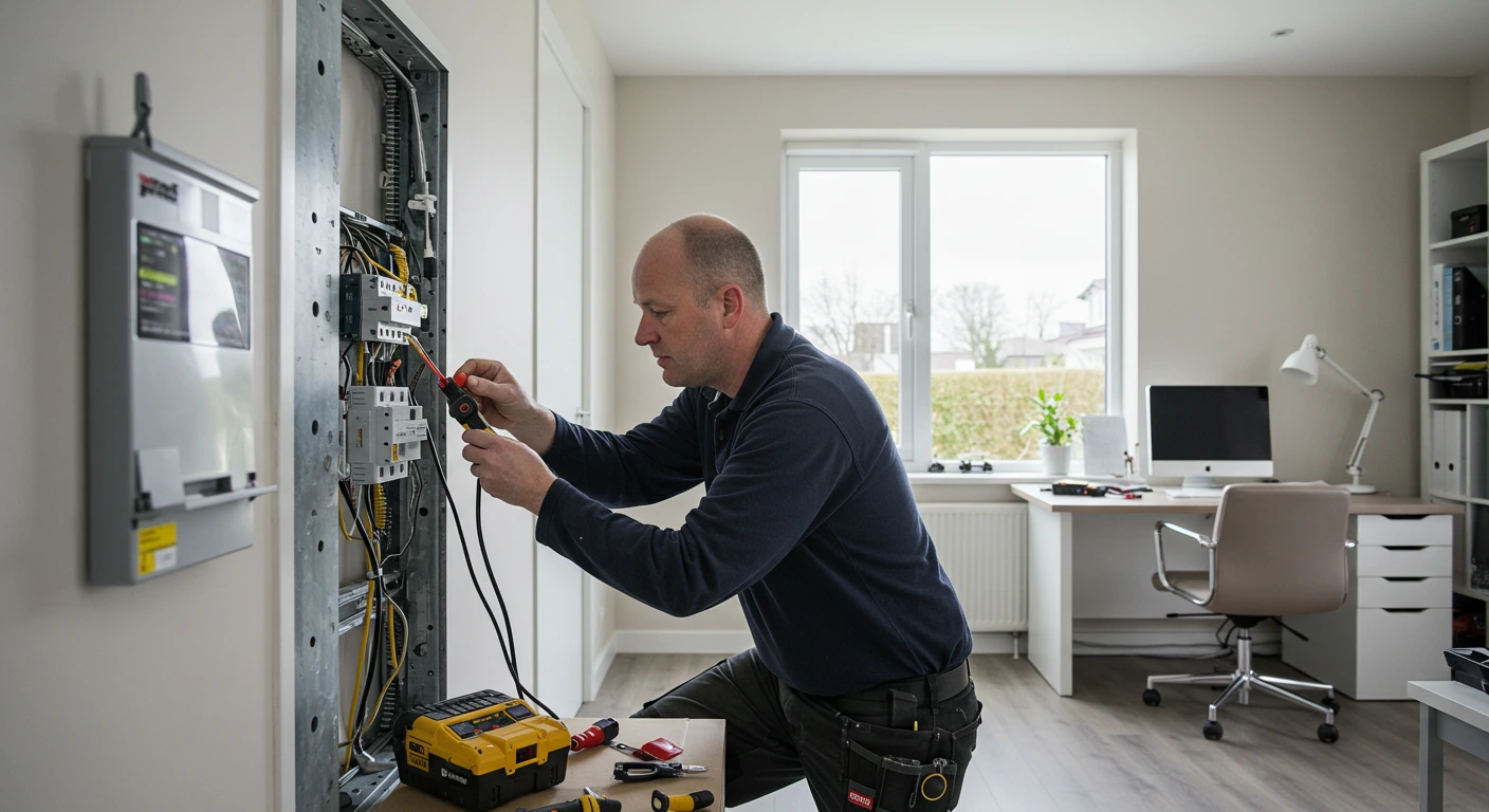 Electrician testing wiring inside residential switchboard