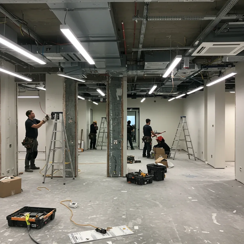Team of electricians installing wires in office fitout