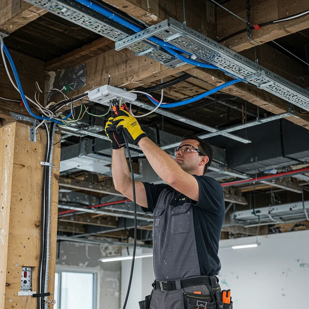 Electrician working on ceiling electrical installation