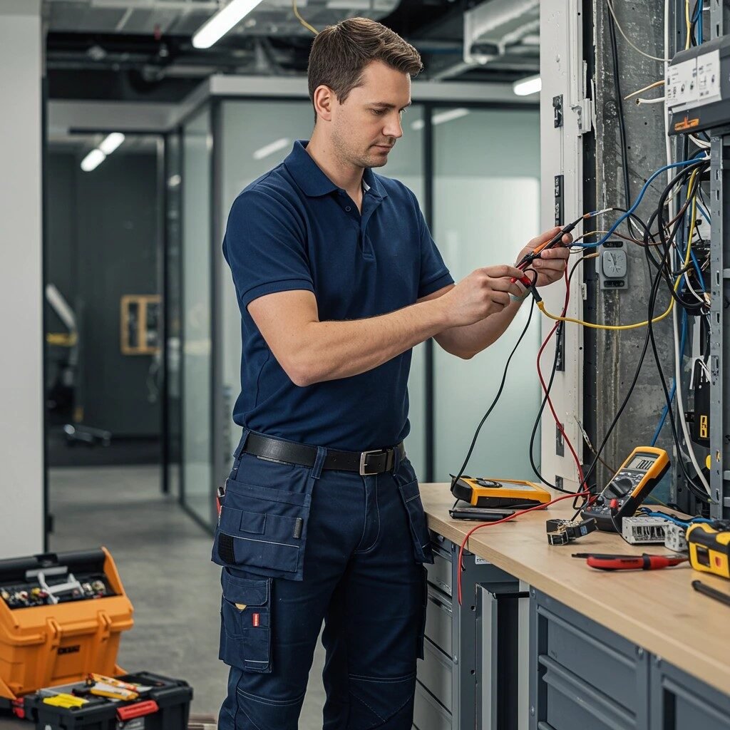 Technician fixing wires in office electrical panel