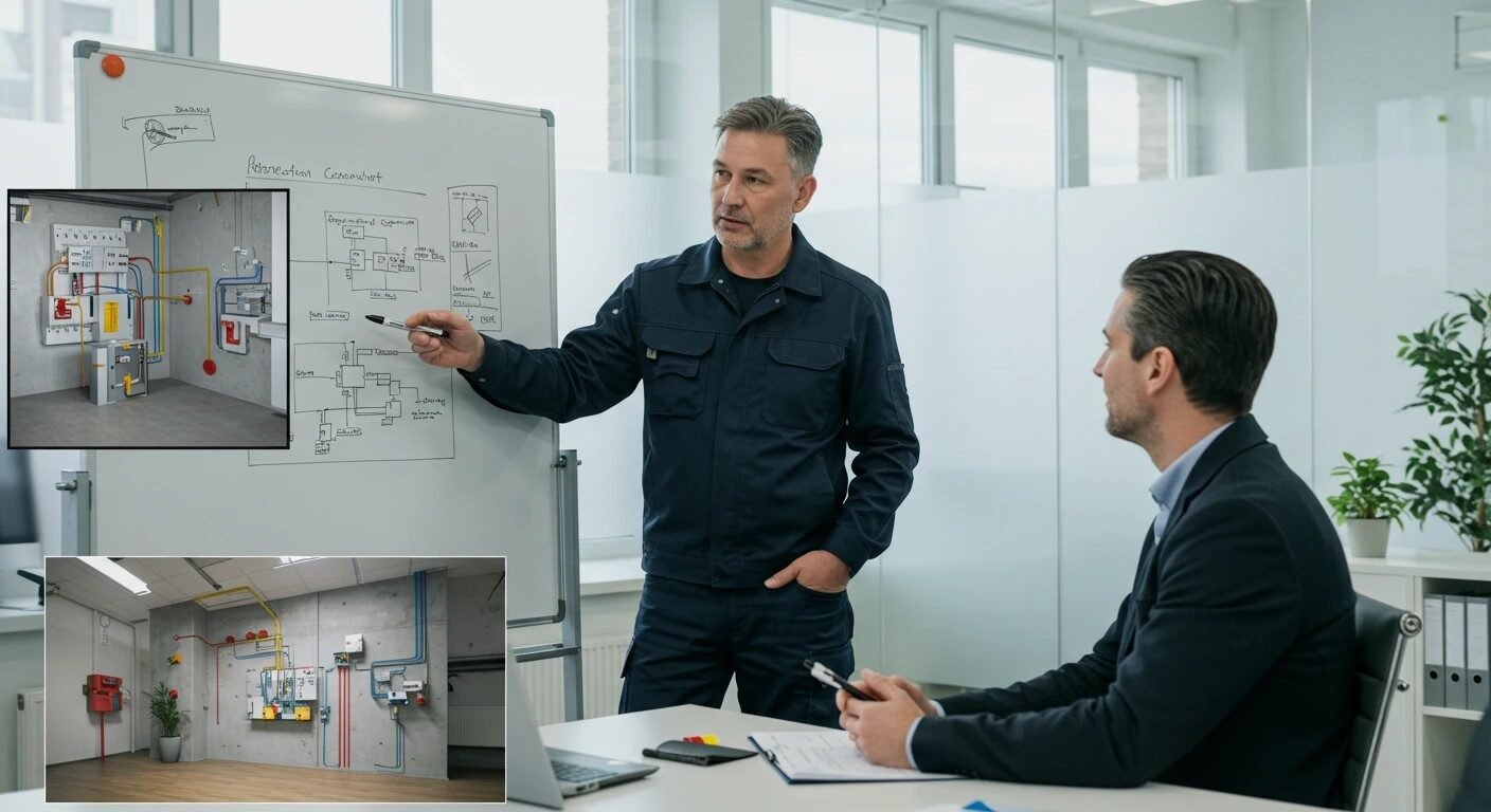Navy officer explains schematics in modern office fitout consultation.