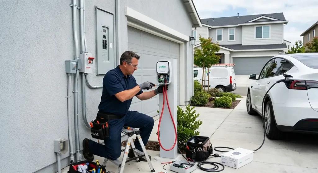 Electrician installing EV charger at a residential property in Tweed Heads for Blue Ridge Electrical.