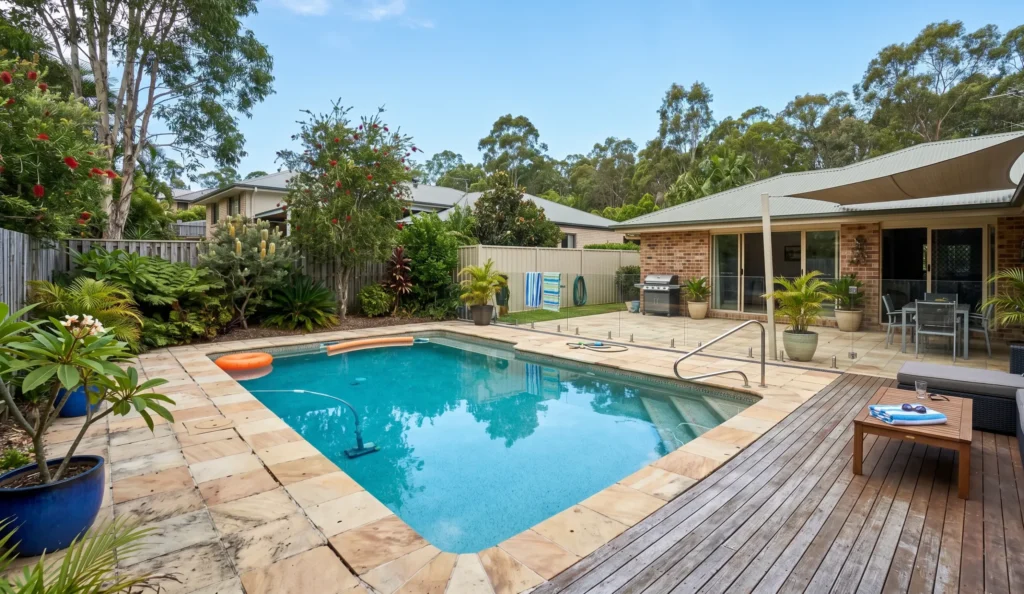 Backyard swimming pool in a Tweed Heads home requiring licensed pool electrician inspection