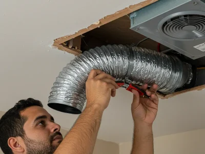 Technician installing or securing a flexible HVAC duct to a ceiling-mounted ventilation unit using a clamp and pliers, with the ceiling panel partially open.