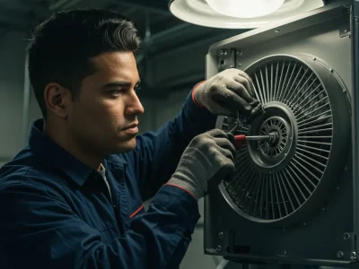 Technician in protective gloves using a screwdriver to repair or maintain an industrial ventilation fan under a ceiling light in a workshop or facility.