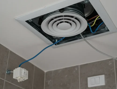 Close-up of a ceiling-mounted ventilation fan with exposed wiring during installation or maintenance in a tiled bathroom or utility room.