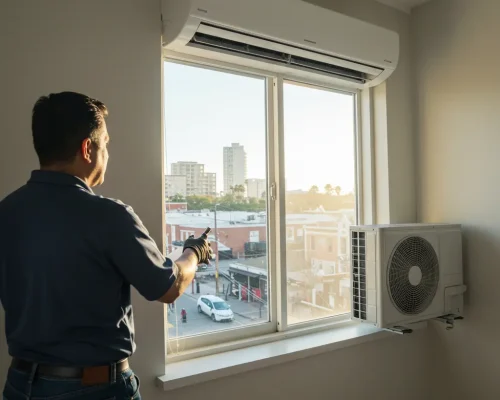 Image_fx – 2025-06-10T144818.570 Technician testing a newly installed split air conditioning unit inside a room, with the outdoor condenser mounted just outside the window and a cityscape visible in the background.
