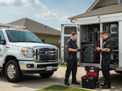 Two technicians standing outside a house, working with tools and tablets near a service truck and a mobile equipment trailer, preparing for or performing maintenance work.
