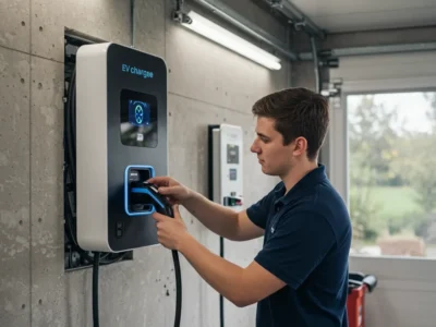 Man in blue shirt using wall-mounted EV charger in garage