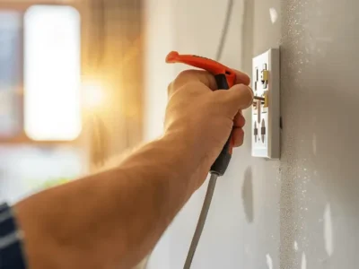 Our electrician plugging a power cord into a wall outlet with sunlight streaming through the window.