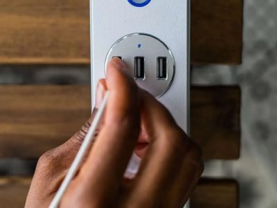 A hand plugging a USB cable into a white power strip on a wooden surface.