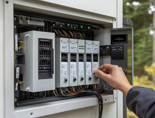 Our electrician turning on the switch of an electrical panel
