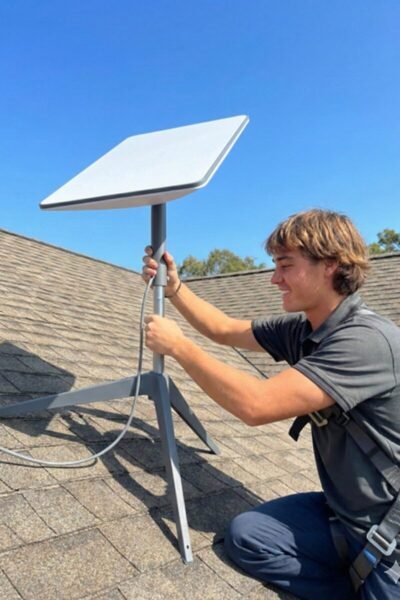 Technician installing Starlink satellite dish on a roof in Tweed Heads. Reliable connectivity solution.